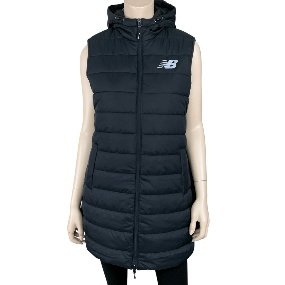 New Balance Puffer Vest Women Large Black Full Zip Hoodie Pockets NWT - Picture 1 of 16